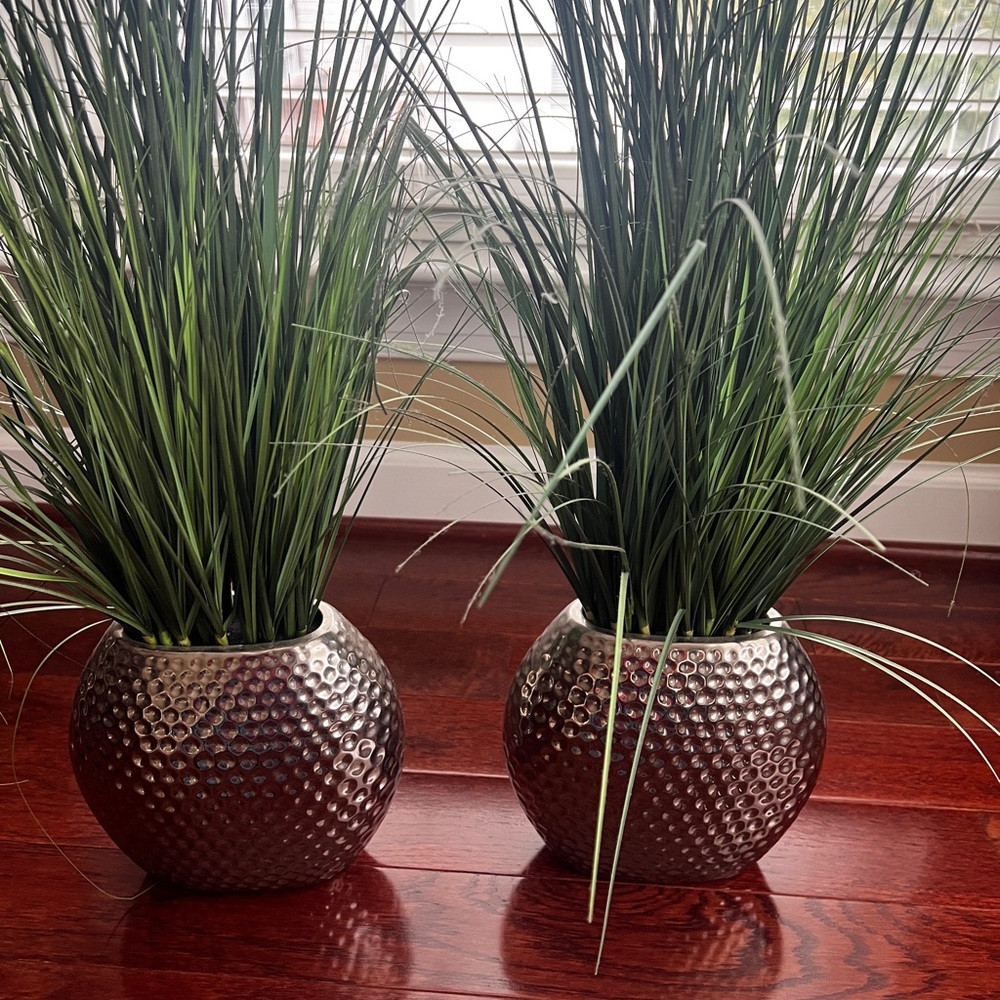 Silver Textured Planter with Green Grass